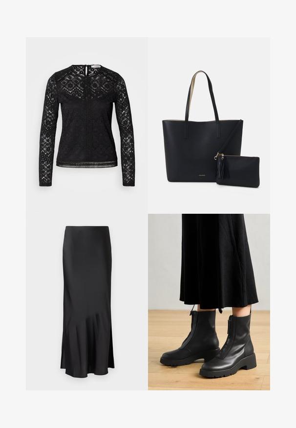 Sort langærmet top med blonder i geometriske mønstre, hul i ryggen, og dekorativt bånd langs kanten og midten.; Sort satin midi-skirt med et elegant design, der har en let flared kant og en sideslids for nem bevægelse. Glat tekstur.; Sorte læder ankelstøvler med en kraftig platformsål og en frontlynlås. Glat tekstur med et minimalistisk design.; Sort tote taske med struktureret materiale, to lange håndtag og en aftagelig lynlåspose med en frynse-detalje. Guld mærkelogo synligt.