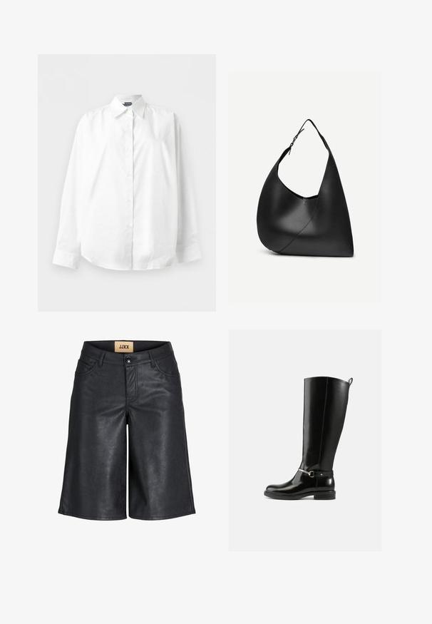 Hvid, langærmet skjorte med knapper og spids krave, vist fladt mod en ensfarvet hvid baggrund.; Sorte knælange shorts i imiteret læder med frontknap, bæltestropper og JJXX-mærke på den indvendige talje.; Sorte knæhøje støvler lavet af blankt læder med en sølvfarvet spænde ved anklen og rundet snude. Flad sål.; Sort læder skuldertaske med buet trekantet form, enkelt justerbart rem og synlig diagonal søm foran.