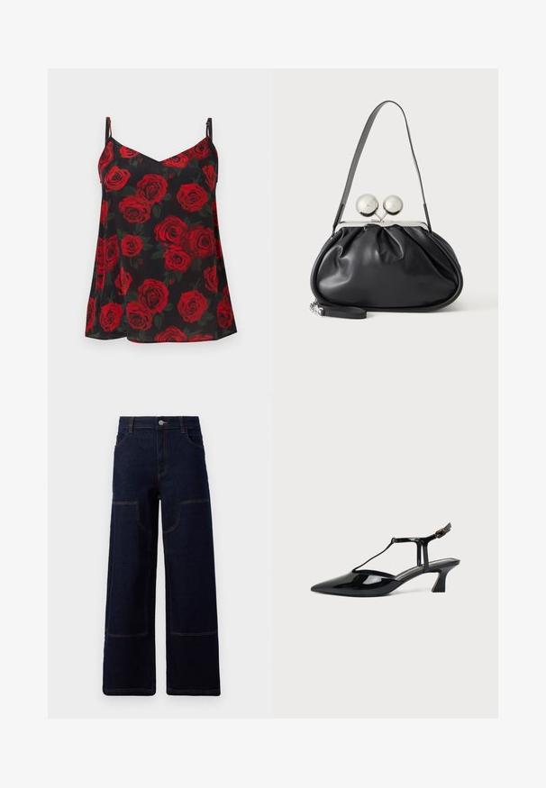 Zwarte cami met rood rozenpatroon, voorzien van dunne verstelbare bandjes en een V-hals. Lichtgewicht, vloeiende stof met een zachte textuur.; Donkerblauwe wijde denim jeans met voorpatchzakken en contrasterend oranje stiksel, knoopsluiting bij de taille.; Zwarte pumps van lakleer met spits toelopende neus, T-strap en lage schuine blokhak op witte achtergrond.; Zwarte leren handtas met een geplooid ontwerp, een enkele schouderband, zilverkleurige metalen omlijsting en twee grote ronde zilveren sluitingen.