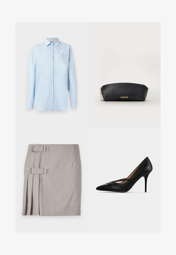 Camisa abotonada azul claro hecha de algodón. Presenta un cuello clásico, mangas largas y un detalle bordado en la parte superior izquierda.; Falda gris con tela texturizada, pliegues laterales y dos hebillas para un ajuste ajustable. Forma clásica recta, diseño a la altura de la rodilla.; Zapato de tacón alto de cuero negro con punta afilada y una delgada correa en la parte superior asegurada con una pequeña hebilla dorada sobre un fondo liso.; Bolso Moschino negro con cadena dorada y logo en letras doradas delante, sobre fondo claro y liso.