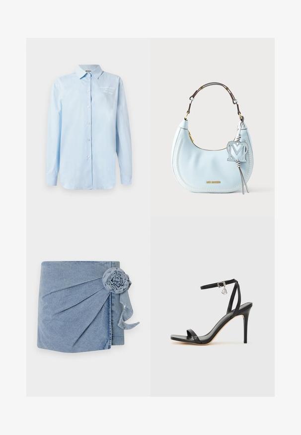 Lichtblauw overhemden van katoen. Beschikt over een klassieke kraag, lange mouwen en geborduurde details op de bovenste linkerkant.; Denim wikkel met een lichtblauwe tint, gedetailleerde plooien en een decoratieve bloemenaccent met een hangend lint. Zachte textuur en casual ontwerp.; Zwarte sandaal met hoge hak, smalle enkelband, vierkante neus, soepel leermateriaal en metalen gespsluiting.; Lichtblauwe leren handtas met een gebogen vorm, witte stiksels, een bruine schouderriem, goudkleurige hardware en een decoratieve "M" bedel.