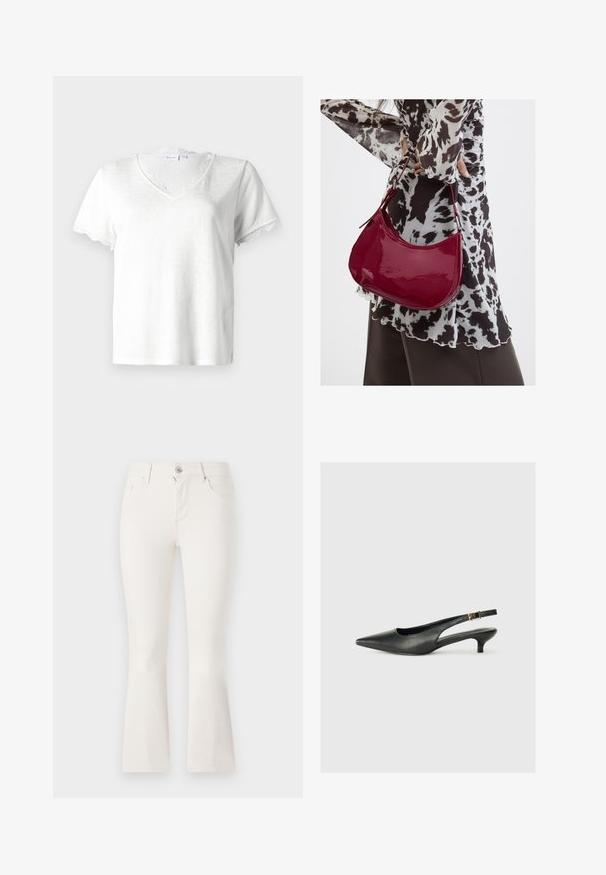 Hvid kortærmet t-shirt med V-hals, udsmykket med en delikat blondekant ved halsudskæringen og ærmekanterne, lavet af letvægtsstof.; Hvide flaired jeans lavet af denim med en tætsiddende talje, fem lommer og en lynlåslukning foran. Glat tekstur og et rent design.; Sorte spidse slingback-sko lavet af glat læder. Har en tynd hæl og en spænde detalje på den justerbare rem.; Kvinde iført en sort- og hvidmønstret bluse, der holder en blank rød skuldertaske mod en ensfarvet baggrund.