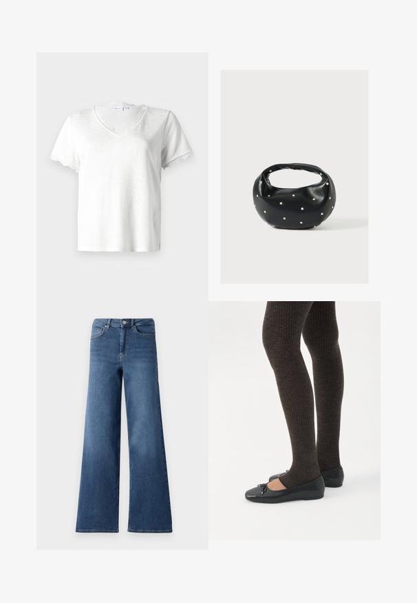 Camiseta blanca de manga corta con escote en V, que presenta un delicado borde de encaje en el cuello y los bordes de las mangas, fabricada con tejido ligero.; Pantalones vaqueros de denim azul de pierna ancha con una cinturilla estándar, bolsillos delanteros y una textura suave. Sin patrones visibles ni adornos.; Piernas con leggings oscuros acanalados combinados con bailarinas negras que presentan pequeños detalles de lazo sobre un fondo blanco.; Bolso de mano de cuero negro con forma redondeada, decorado con detalles de tachuelas plateadas y un asa corta. Textura lisa y cierre con cremallera.