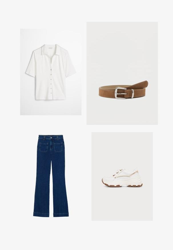 Hvid kortærmet skjorte med knapper og krave, seks metal-knapper foran og en figursyet pasform på en ensfarvet baggrund.; Mørkeblå flared jeans i denim med en glat tekstur, fem-lomme design og en knaplukning i taljen.; Hvid chunky sneaker med beige accenter, tyk sål, brun slidbane og hvide snørebånd, vist fra siden på en ensfarvet baggrund.; Brun ruskindsbælte med en sølvmetal spænde, prydet med hvid syning langs kanterne. Flad design, glat tekstur og justerbar længde.