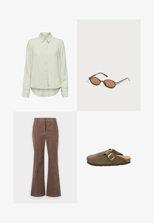 Camisa de manga larga color beige claro, hecha de una tela suave, con cuello, botones en el frente y dobladillo redondeado con aberturas laterales.; Pantalones de pana marrón de pierna recta con pliegue delantero y trabillas para cinturón, mostrados sobre un fondo blanco.; Zuecos de gamuza verde con una correa ancha y hebilla de metal, plantilla de corcho y suela de goma. Presenta un pequeño orificio de ventilación en la parte superior.; Gafas de sol ovaladas con lente marrón tintado, montura carey y finos detalles dorados en las patillas, descansando sobre una superficie gris claro.