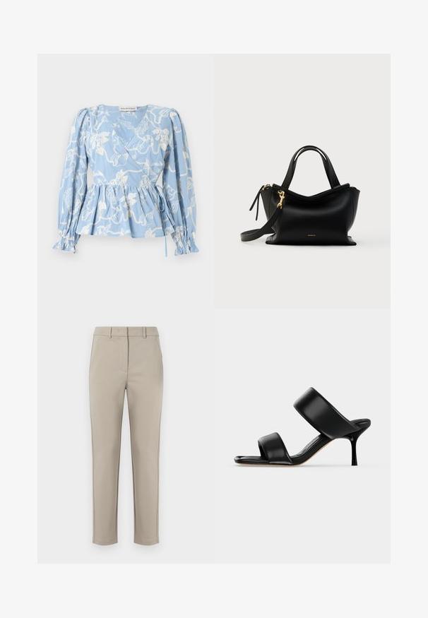 Hellblaue Wickelbluse mit langen, aufgeblähten Ärmeln, weißer Stickerei mit Meeresthema, gebundenem Taillenband und gerafften Rüschenmanschetten.; MM by MaxMara EFFETTO - Stoffhose - sand; Schwarze Leder-Mule-Sandale mit zwei breiten Riemen und einem schlanken, mittelhohen Stilettoabsatz auf einem schlichten hellen Hintergrund.; Schwarze Lederhandtasche mit geschwungenem Design, goldenen Beschlägen, kurzen Griffen und abnehmbarem Schulterriemen. Verfügt über eine glatte Textur und ein Logodetail.