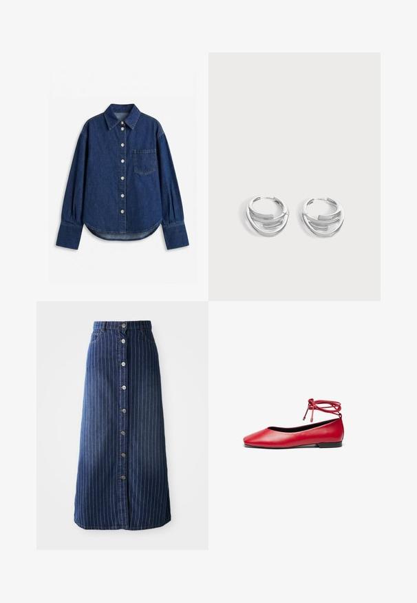 Chemise en denim bleu foncé à manches longues avec boutons sur le devant, une poche poitrine à gauche, des poignets larges et un col classique.; Jupe maxi en denim foncé avec des rayures blanches verticales, fermeture à boutons sur le devant et légère évasement à l'ourlet. Comprend cinq boutons et un surpiquage contrasté.; Ballerine en cuir rouge avec un bout carré et un détail de lien autour de la cheville. Texture lisse et petit talon noir.; Paire de boucles d'oreilles anneaux en argent poli avec un design de barre incurvée superposée sur un fond clair uni.