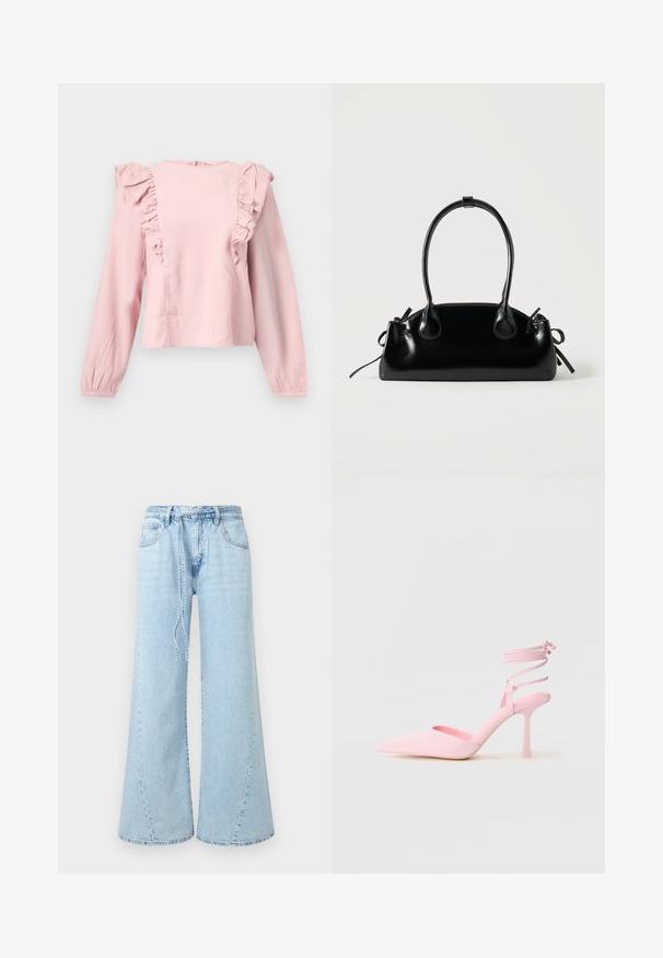 Lichtroze blouse met lange mouwen, voorzien van ruches langs de voorkant en schouders, en een ronde halslijn.; Lichtblauwe jeans met wijde pijpen, voorzakken, riemlussen en een losse strikceintuur in de taille op een effen achtergrond.; Roze hoge hakken met een puntige neus, satijnen afwerking en enkelsluiting met kruismotief. Slanke silhouet en dunne hak.; Kleine zwarte glanzende handtas met twee lange hengsels en zijkant trekkoord details op een effen lichte achtergrond.