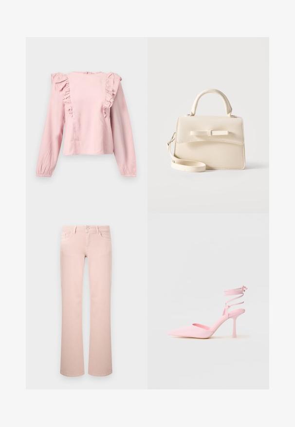 Blusa de manga larga color rosa claro con detalles de volantes a lo largo del frente y los hombros, y un escote redondo.; Vaqueros de pierna recta de color rosa claro con bolsillos delanteros, trabillas para cinturón y cierre de botón metálico.; Zapatos de tacón alto rosas con punta afilada, acabado satinado y tira en el tobillo con detalles entrecruzados. Silueta elegante y tacón fino.; Pequeño bolso beige con asa superior, correa desmontable, solapa frontal y lazo decorativo horizontal sobre un fondo liso.