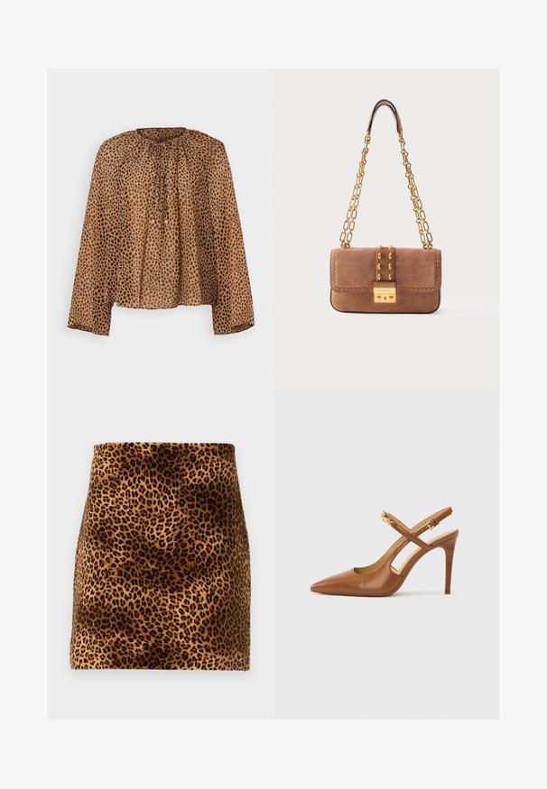 Blouse à imprimé animalier marron avec un col froncé, des manches longues et une coupe ample. Tissu léger avec une texture lisse.; Mini-jupe imprimé léopard avec une texture douce, motif marron et noir sur fond beige, silhouette ajustée et bords nets.; Escarpin à talon haut en cuir marron avec bride arrière, bout pointu, doté de brides croisées et d'un talon en bois texturé. Accent doré sur la bride.; Sac bandoulière en daim marron avec sangle en chaîne dorée, clous dorés, détails de couture, et fermoir rectangulaire doré gravé du nom de la marque.
