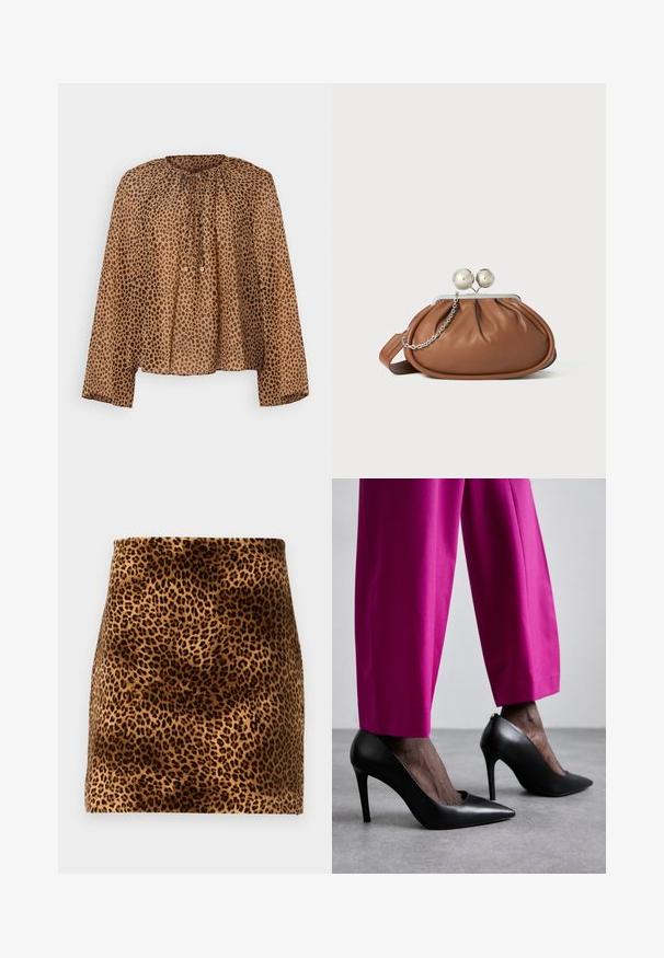 Blouse à imprimé animalier marron avec un col froncé, des manches longues et une coupe ample. Tissu léger avec une texture lisse.; Mini-jupe imprimé léopard avec une texture douce, motif marron et noir sur fond beige, silhouette ajustée et bords nets.; Chaussures à talons hauts noires avec un design à bout pointu et une texture en cuir lisse. Associées à des pantalons ajustés rose vif.; Pochette en cuir marron avec un fermoir à boule en argent et un petit détail en chaîne argentée sur fond blanc.