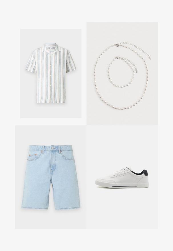 Chemise à manches courtes avec boutons, rayures verticales bleues, blanches et beiges et col camp sur fond blanc.; Short en denim bleu clair avec poches avant, passants de ceinture, bouton en métal et fermeture éclair sur un fond blanc uni.; Baskets blanches avec un dessus en synthétique lisse, bout rond, design à lacets, accent marine sur le talon, et une semelle en caoutchouc texturée avec une bande noire.; Collier de perles et bracelet assorti avec fermoirs en chaîne argentée disposés sur un fond blanc.