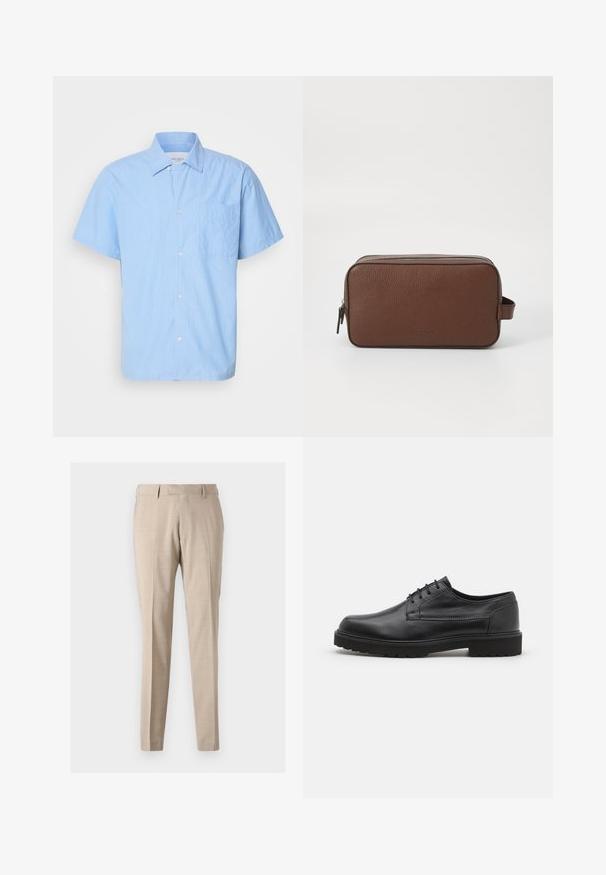 Helles blaues kurzärmliges Hemd mit vertikalen weißen Streifen. Verfügt über einen klassischen Kragen, eine durchgehende Knopfleiste und eine linke Brusttasche. Glatte Stoffqualität.; Beige, taillierte Hose aus leichtem Stoff, mit vorderen Falten, zwei seitlichen Taschen und einer glatten Textur.; Schwarzer Lederschuh mit abgerundeter Zehenpartie, glatter Oberfläche und minimaler Nahtführung. Verfügt über eine Schnürverschluss und eine dicke, strukturierte Gummisohle.; Braune Leder-Kulturbeutel mit strukturierter Oberfläche, Reißverschluss und seitlichem Griff. Rechteckige Form, glatte Kanten, minimales Markenlogo.