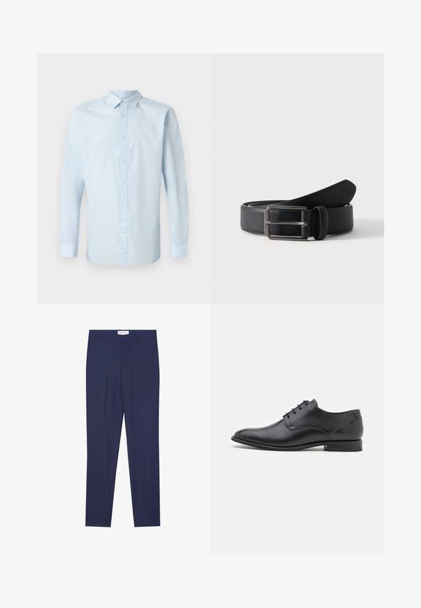 Chemise à manches longues bleu clair en tissu lisse, avec un devant à boutons, un col standard et des poignets à boutons.; Pantalons de costume navy en tissu lisse, dotés d'un devant plat, de deux poches latérales, d'une fermeture éclair et d'un ourlet net sans motifs ni accents.; Chaussure habillée en cuir noir avec une texture lisse, nez pointu, petit talon et six œillets pour le laçage. Design simple sans embellissements.; Ceinture en cuir noir roulée avec une boucle métallique argentée rectangulaire sur un fond clair uni.