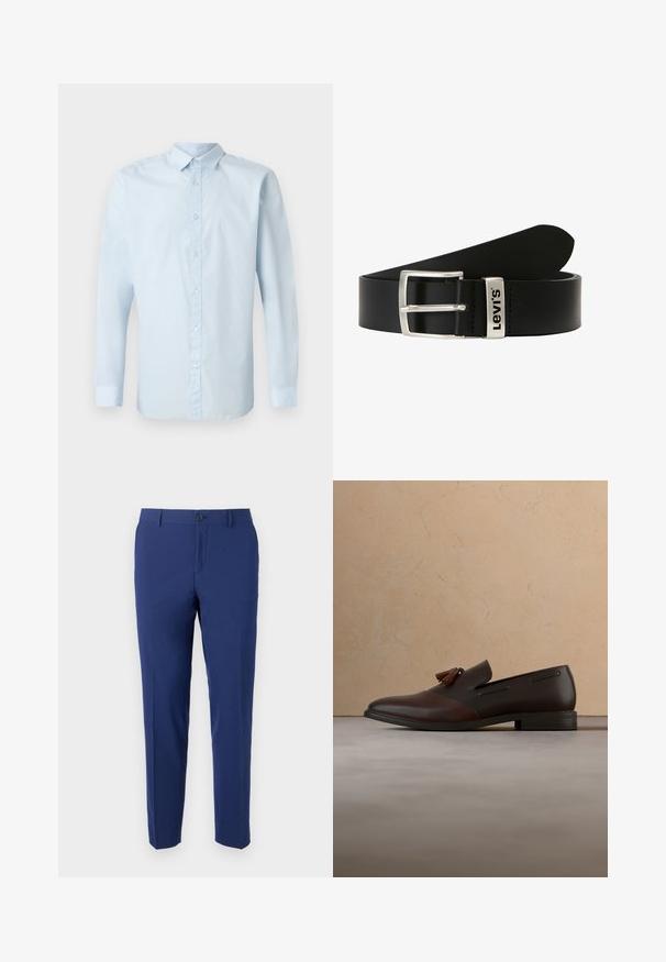 Helles blaues Langarmhemd aus glattem Stoff, mit durchgehender Knopfleiste, klassischem Kragen und geknöpften Manschetten.; Hose in Marineblau aus glattem Stoff; schlanke Passform mit geradem Bein, Ein-Knopf-Verschluss und Seitentaschen.; Dunkelbrauner Lederloafer mit Quasten, der über einem beigen gewebten Teppich schwebt, mit einem runden Holztisch und gestapelten Büchern im Hintergrund.; Schwarzer Leder Gürtel mit einer silbernen Metallschnalle, die ein Markenlogo zeigt. Das Design ist einfach mit einer glatten Textur und geraden, spitz zulaufenden Enden.