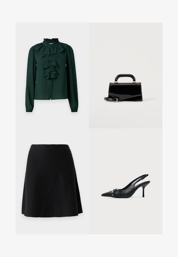 Blouse vert foncé en tissu léger avec des manches longues, un col rufflé et un détail central froncé, dotée de fermetures à boutons.; Jupe en tricot noire au design évasé, avec une texture lisse et une taille, atteignant la longueur des genoux sans fermetures visibles.; Escarpin slingback à talon haut en cuir noir avec bout pointu, boucle et détail de bride œillet à l'avant.; Sac à main rectangulaire noir brillant avec poignée supérieure, ferrures dorées et bandoulière amovible, posé sur un fond clair uni.