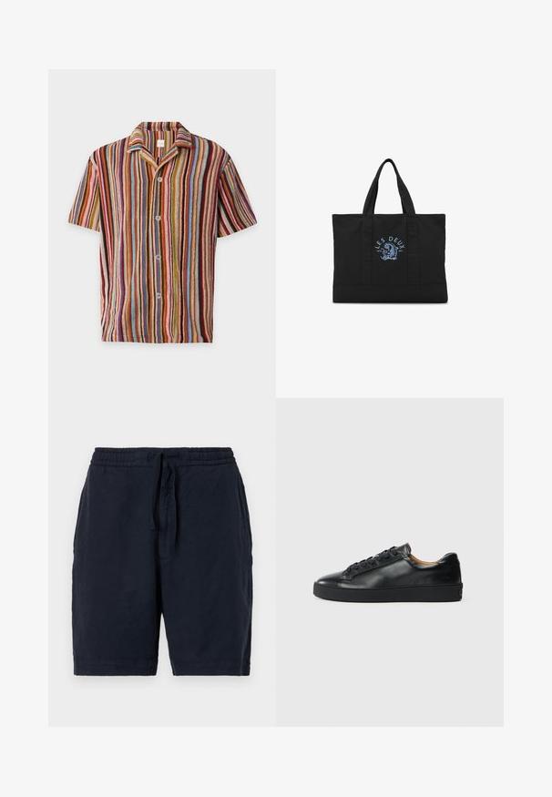 Camisa de manga corta con botones y rayas verticales multicolor en rojo, azul, naranja, marrón y beige sobre un fondo claro.; Pantalones cortos de lino azul marino con cintura elástica y cordón, que presentan un ajuste relajado y una superficie ligeramente texturizada.; Zapatilla negra de cuero con una textura suave, puntera redonda y cierre de cordones. Presenta una suela de goma gruesa y un detalle de marca mínimo.; Bolsa tote negra con dos asas y texto azul "Les Deux" sobre un diseño gráfico azul en el centro delantero.