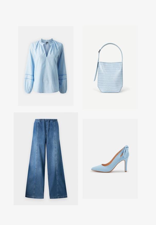 Blåstribet bluse med flæsekrave, dyb V-udskæring og lange ærmer med samlede manchetter og delikat udskæringsdetalje.; Blå denim bukser med vide ben, elastisk talje og snor, med lodrette syninger på hver ben.; Lysblå ruskind højhælede sko med spids tå og en lille sløjfeaccent bagpå. Har et strømlinet design og tan sål.; Lyseblå håndtaske med krokodillestruktur, rektangulær form, enkelt topstrop, og en sideophængt rem på en ensartet hvid baggrund.