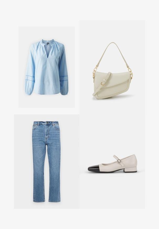 Blouse rayée bleue avec un col à volants, un décolleté en V profond et des manches longues avec des poignets froncés et des découpes délicates.; Jean en denim bleu clair avec une coupe droite, cinq poches, fermeture à bouton à l'avant et décoloration subtile sur le tissu.; Chaussure de style Mary Jane en cuir crème avec un bout en vernis noir. Présente un bout rond, une sangle de cheville avec une boucle carrée et un petit talon carré.; Petit sac à main crème avec une finition texturée, une longue sangle réglable, un accent en chaîne et une fermeture à rabat. Détails en matériel doré.