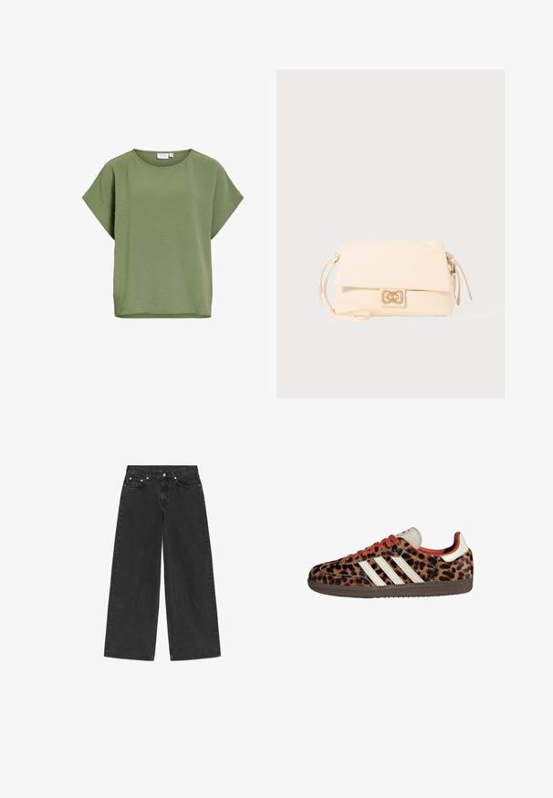 Licht olijfgroene blouse met korte mouwen, een ronde hals en een subtiel gestructureerd stoffenpatroon.; Zwarte jeans met wijde pijpen, vijf zakken, knoopsluiting en riemlussen, plat weergegeven op een witte achtergrond.; Leopardprint sneakers van suède met rode veters en drie witte strepen aan de zijkant. Bevat een crèmekleurige tong en een bruine zool.; Crème leren handtas met een oprolbare klep, voorzien van een decoratieve gouden sluiting en een dunne, verstelbare schouderband.