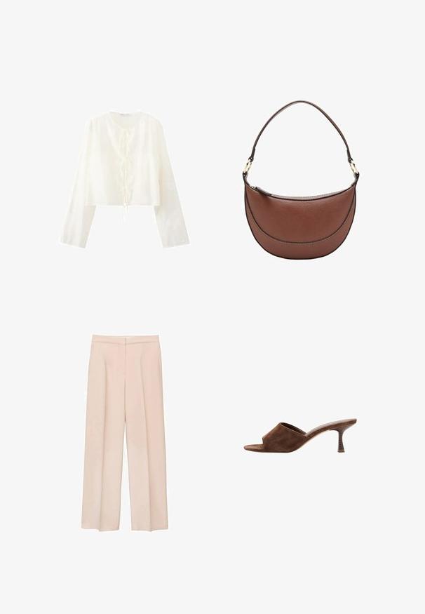 Witte blouse met lange mouwen, een cropped pasvorm en drie knoopsluitingen aan de voorkant, met subtiele details in de geweven stof.; Lichtroze wijde broek van soepel materiaal. Heeft een vlakke voorkant, zijzakken en een op maat gemaakte tailleband. Geen zichtbare sluitingen.; Bruine suède open-toe mule met een middelhoog, gebogen houten hak en slip-on ontwerp op een witte achtergrond.; Bruine leren schoudertas met een gebogen vorm, een smalle handgreep en contrasterende stiksels. Voorzien van een ritssluiting en accenten van goudkleurig metaal.