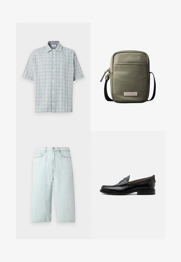 Chemise à manches courtes à boutons avec un motif à carreaux bleu et blanc, col évasé et boutons blancs sur le devant.; Shorts en denim bleu clair avec une coupe à jambe droite, taille mi-haute, poches avant et une poche arrière unique, finition avec des coutures discrètes.; Mocassin homme en cuir noir avec couture moc toe, bride penny, col texturé et petit talon empilé sur fond blanc.; Sac bandoulière compact vert olive avec poche avant, sangle noire réglable, fermeture zippée et plaque logo Calvin Klein.