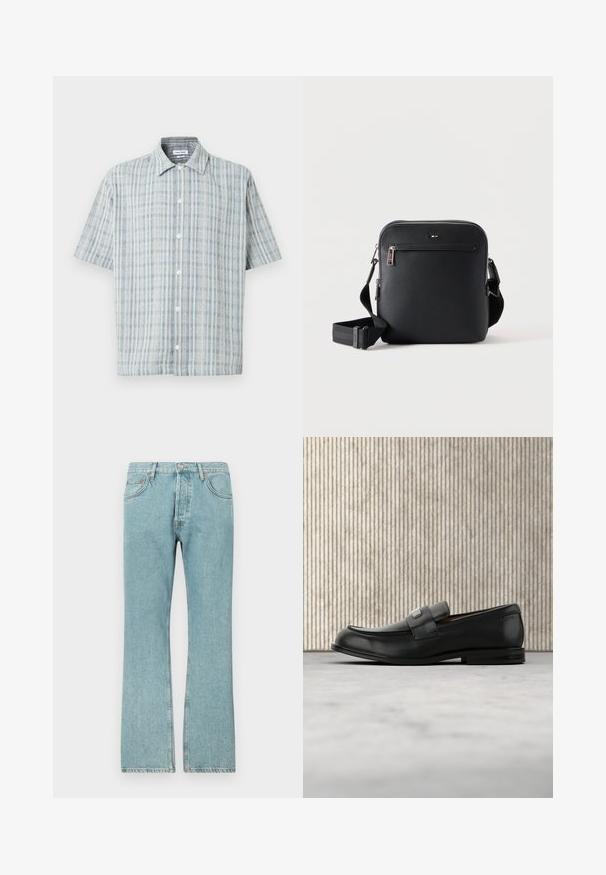Korte mouwen overhemd met knopen en een blauw-wit ruitpatroon, spreidkraag en witte knopen aan de voorkant.; Lichtblauwe denim jeans met een recht model, voorzien van vijf zakken en een knoopsluiting. Zichtbare stiksels en rafelige zoomdetails.; Zwarte leren loafer met een metalen merktekenplaatje, rustend bij een bruine ronde tafel op een beige tapijtvloer.; Zwarte leren crossbodytas met voorvak met rits en verstelbare band op een effen witte achtergrond.