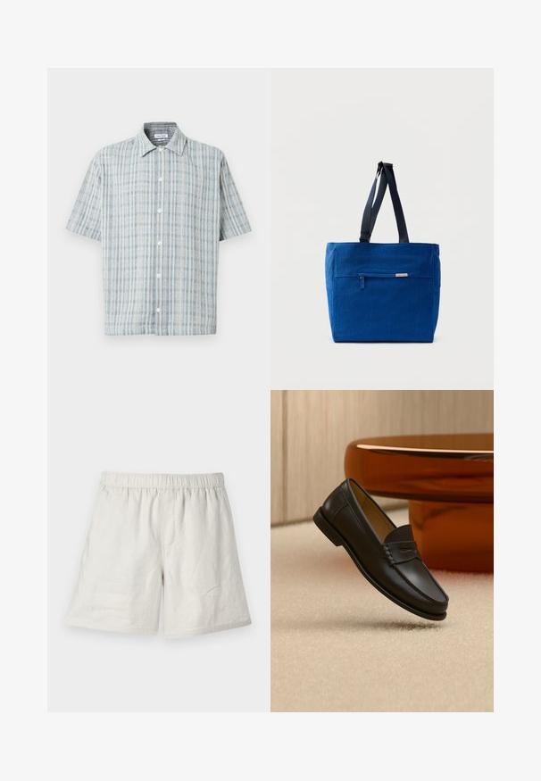 Chemise à manches courtes à boutons avec un motif à carreaux bleu et blanc, col évasé et boutons blancs sur le devant.; Shorts en lin beige clair avec une taille élastique, présentant une coupe décontractée et des coutures minimales pour un design simple et décontracté.; Chaussure mocassin en cuir noir suspendue au-dessus d’un tapis beige avec du mobilier moderne couleur ambre en arrière-plan.; Sac fourre-tout en toile bleue avec une poche zippée à l'avant, des doubles bretelles et une forme rectangulaire. Dispose d'une étiquette de marque discrète.