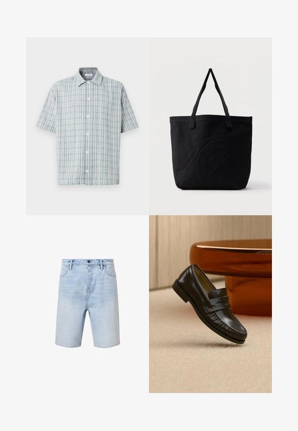 Kortærmet skjorte med knapper, blå og hvid ternet mønster, spredt krave og hvide knapper ned foran.; Lyseblå denimshorts med regular fit, fem-lomme design og knaplukning. Har subtilt slid og syet kant.; Skinnende sort læderloafer med remdetalje, placeret på beige tæppe nær et rundt brunt sofabord i et blødt oplyst rum.; Sort canvas-tote-taske med to skulderstropper og et diskret præget cirkeldesign på fronten.