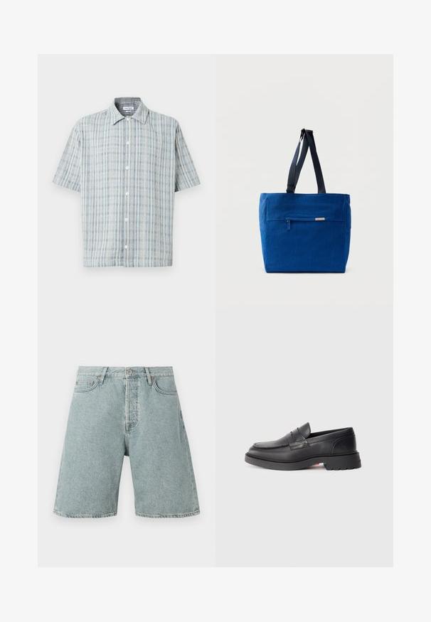 Korte mouwen overhemd met knopen en een blauw-wit ruitpatroon, spreidkraag en witte knopen aan de voorkant.; Lichtblauwe denim shorts met een relaxed fit, vijf zakken en een knoopsluiting. Verweerde textuur met zichtbare stikdetails.; Zwarte leren instappers met een ronde neus, een verhoogde naad en een dikke rubbere zool. Eenvoudig ontwerp met minimale branding aan de zijkant.; Blauwe canvas boodschappentas met een voorvak met rits, dubbele schouderbanden en een rechthoekige vorm. Heeft een subtiel merklabel.