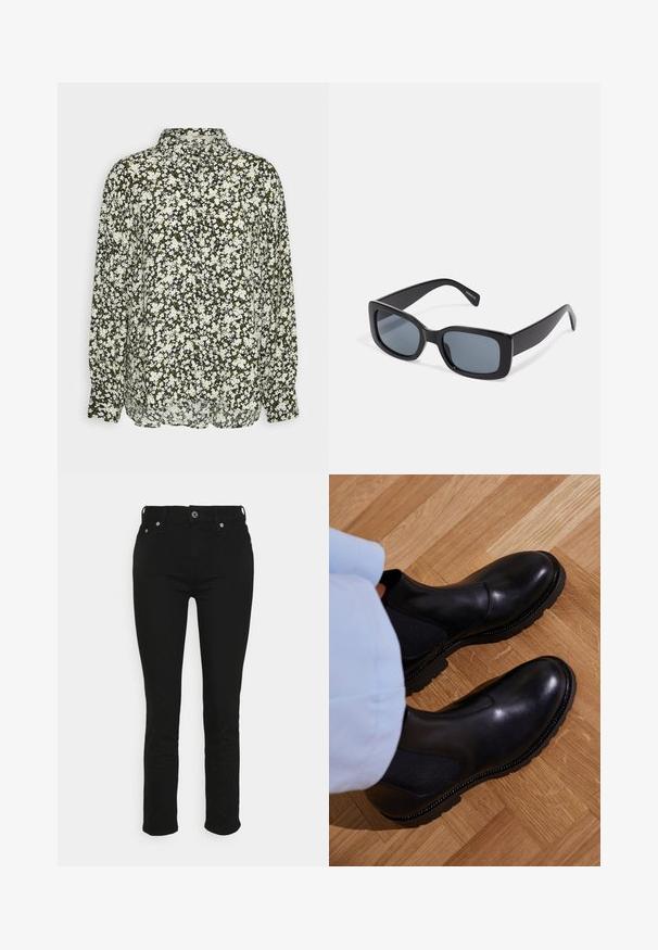 Esprit BLOUSE - Blusa - black; Jeans de denim negro con un corte slim, diseño de cinco bolsillos, con cierre de botón y herrajes en plateado. Textura suave y forma de pierna recta.; Botas negras de tobillo hechas de cuero suave con paneles laterales elásticos, una suela de goma texturizada y costuras en contraste a lo largo del borde.; Gafas de sol rectangulares negras con lentes oscuros, montura de plástico grueso y patillas anchas. Superficie lisa y diseño anguloso.