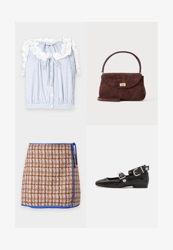 Blå og hvid ternet cropped bluse med en rynket hvid blondekrave, frontknapper og en snøre i halsen.; Vevet omslagsskjørt i brun og hvid ternet mønster med blå trim. Har en sidetie og tekstureret stof for ekstra detalje.; Sorte patenteret lædersko med firkantet tå, ankelrem med sølvhardware og flad sål. Glat tekstur med minimalistisk design.; Lille brun ruskindshåndtaske med en buet klap, guld twist-lås, kort håndtag og en valgfri skulderrem på en ensfarvet baggrund.