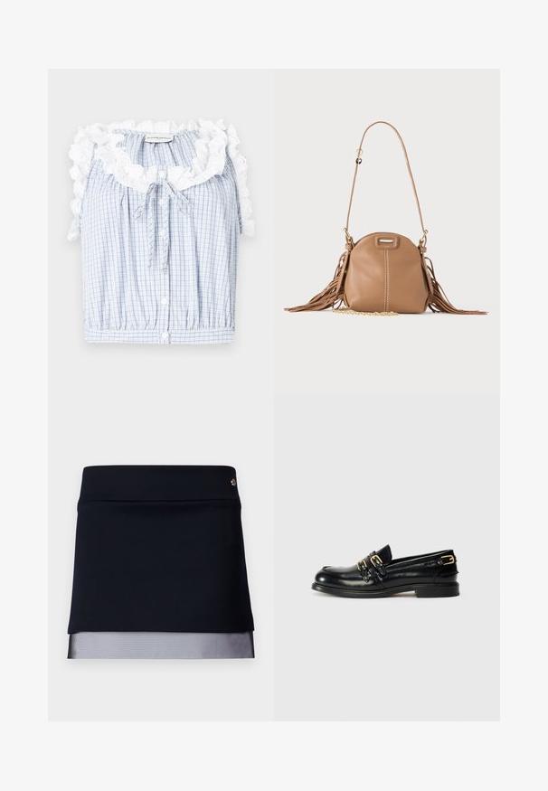 Blå og hvid ternet cropped bluse med en rynket hvid blondekrave, frontknapper og en snøre i halsen.; Sort nederdel med en tætsiddende talje og en gennemsigtig mesh kantdetalje. Stoffet er glat med et struktureret design og har en lille metalaccent.; Sorte læder loafers med en blank finish, der har to guldspænder og en lav hæl. Glat tekstur med rund tådesign.; Lille tanfarvet læder skuldertaske med lang rem, guldkæde detalje og frynser på begge sider mod en neutral baggrund.