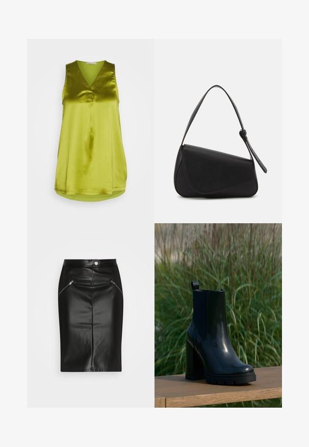 Anna Field by Zalando Blouse - green; Zwarte leren kokerrok met een gladde textuur, voorzien van twee ritszakken aan de voorkant en een getailleerde pasvorm.; Zwarte glanzende leren enkelboot met dikke hoge hak en lus, gepresenteerd op een houten oppervlakte met een achtergrond van groene hoge gras.; Zwart leren handtas met een driehoekige vorm, schuine klep en een ronde handgreep. Heeft een gladde textuur en minimalistische ontwerpelementen.