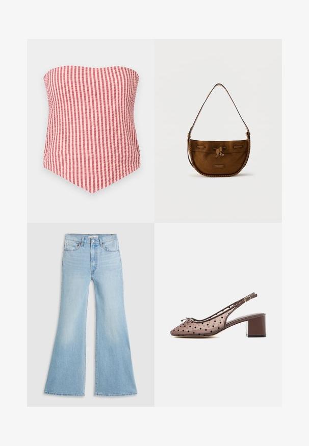 Trägerloser rosa-beiger, vertikal gestreifter Tubetop mit spitz zulaufendem Saum vorne.; Helle blaue Schlagjeans mit hoher Taille, aus Denim gefertigt. Sie verfügen über ein klassisches Fünf-Taschen-Design und einen rohen Saum an den Säumen.; Brauner Slingback-Schuh mit niedrigem Blockabsatz, spitzer Zehenpartie, schwarzem Tupfenmuster und kleiner Schleife vorne.; Braune Wildleder-Umhängetasche mit Lederbesatz und Bindverschluss, mit einem einzelnen Riemen und "Marc O'Polo"-Label auf der Vorderseite.