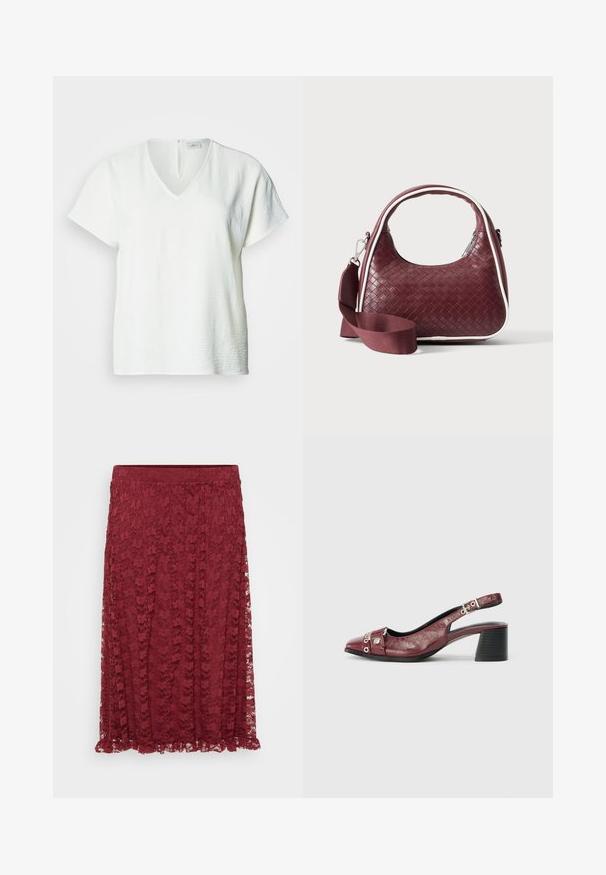 Witte blouse met V-hals en korte mouwen, textuurstof, ontspannen pasvorm en een klein sluitingsdetail aan de achterkant.; Bordeaux kanten rok met bloemmotief, semi-doorzichtig stof en een gerimpelde zoom. Een stretch tailleband biedt comfort en flexibiliteit.; Bordeaux leren slingback schoen met een ronde neus, gebogen ontwerp, zilveren hardware accenten en een blokhak. Textuurafwerking.; Donkerrode geweven leren handtas met gebogen handvat, witte bies, zilveren rits en afneembare brede stoffen schouderriem tegen een effen achtergrond.
