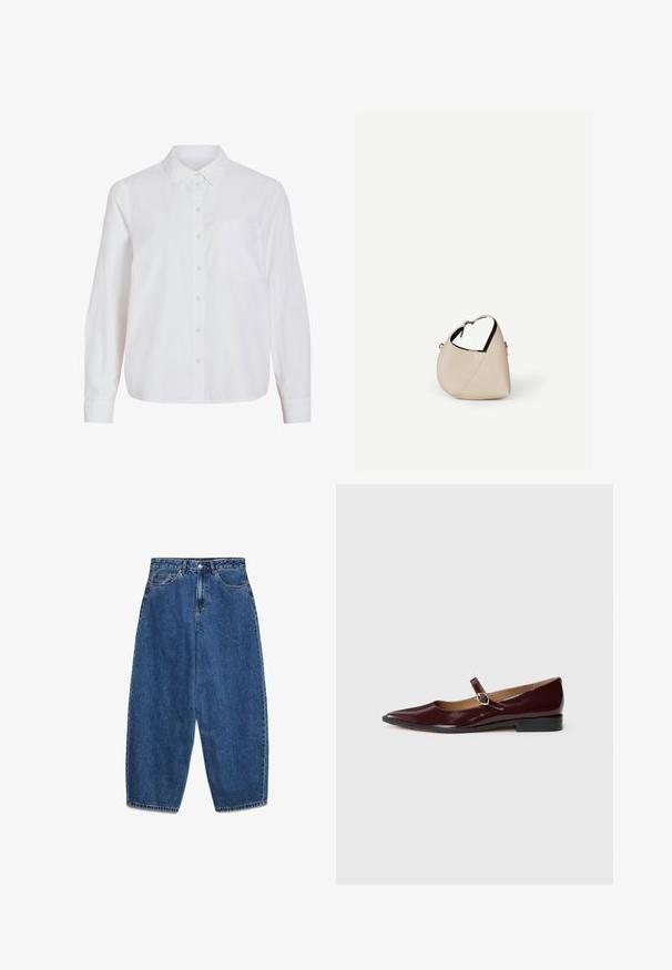 Camisa blanca de manga larga, con cierre de botones en la parte delantera, cuello clásico, un bolsillo en el pecho, confeccionada con una tela lisa y ligera, con un ajuste relajado.; Vaqueros de mezclilla azul con cintura alta, corte relajado y pierna recta. Diseño clásico de cinco bolsillos con cierre de cremallera y botón.; Mocasines Mary Jane de charol burdeos con punta afilada, tacón plano y una correa decorativa con un acento de hebilla circular.; Bolso de cuero beige en forma de media luna con una sola correa para el hombro y costuras mínimas, colocado sobre un fondo blanco liso.