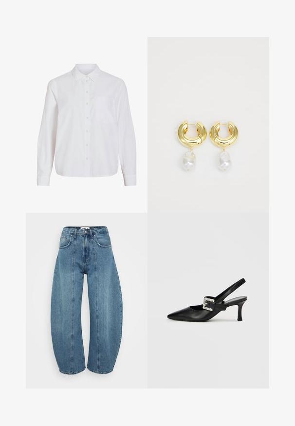 Hvid skjorte med lange ærmer, knapper foran, klassisk krave, enkelt brystlomme, lavet af glat, let stof med løs pasform.; Lyseblå højaldene jeans lavet af denim, med bred benklip, fem lommer og syningsdetaljer. Glat tekstur med et rent finish.; Sort lædersko med slingback, spids tå, lille hæl og spænde med rhinsten. Glat tekstur, minimalistisk design.; Gulltonede hoops med en poleret overflade, med en hængende uregelmæssig hvid perle som accent. Cirkulært design, glat tekstur.