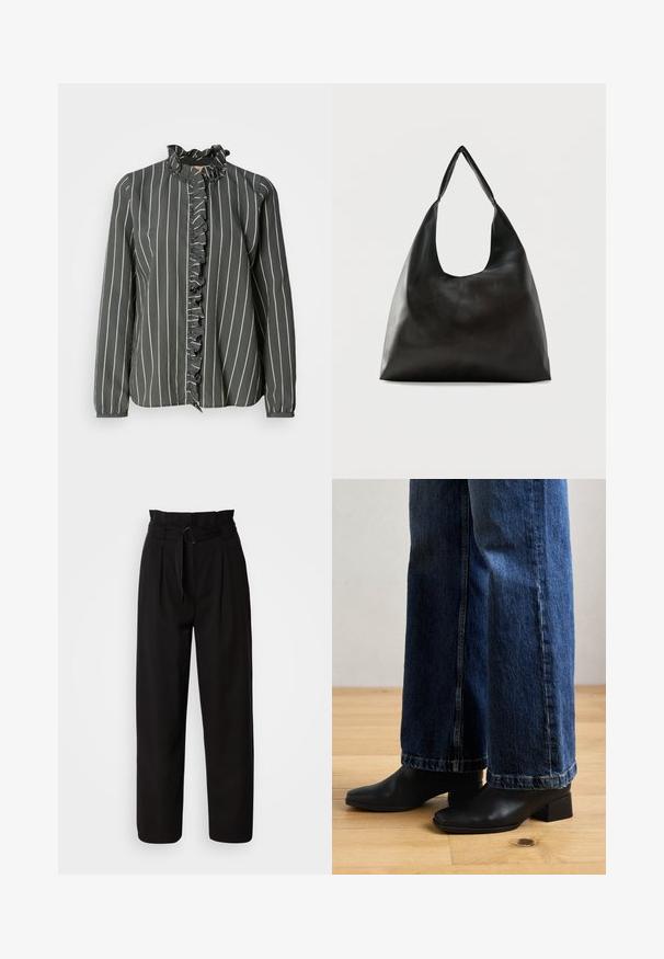 Mos Mosh STRIPE SHIRT - Skjortebluser - urban chic; Sorte højtaljede bukser med brede ben, der har frontfold og et stofbælte med en oval spænde. Glat tekstur og skræddersyet design.; Sorte læder ankelstøvler med firkantede tåspidser og lave blokhæle, parret med brede blå denim jeans, på et trægulv.; Sort skuldertaske i glat læder med en bred, enkelt strop og et afslappet, minimalistisk design mod en ensfarvet baggrund.