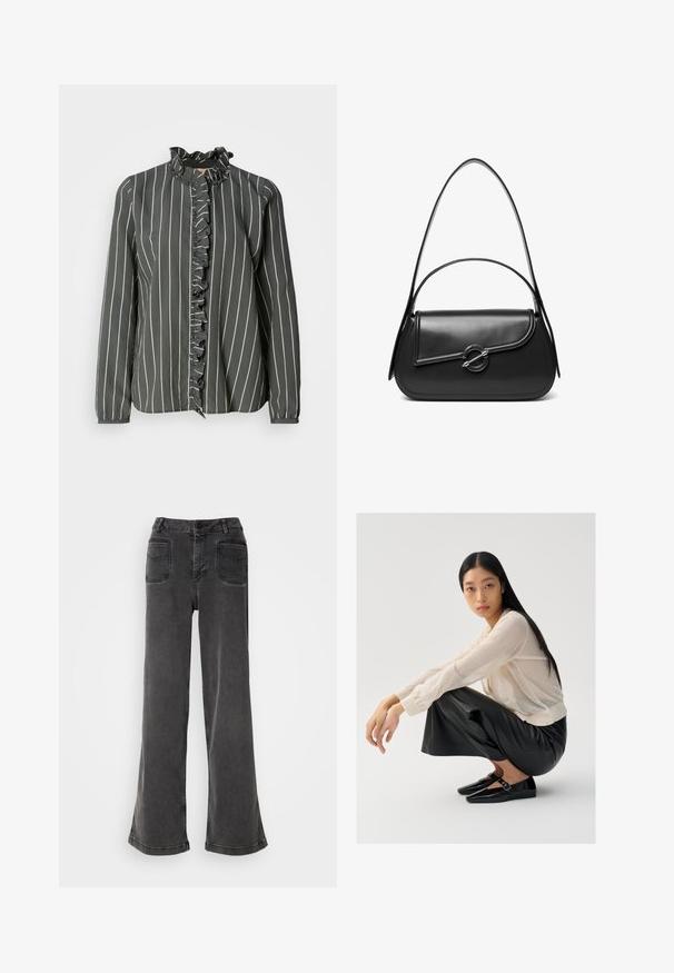 Mos Mosh STRIPE SHIRT - Nööpidega pluus - urban chic; Kõrge vöökohaga, laiad mustad teksad, mis on valmistatud denimist, sisaldavad nupuvajutust, vöökelle ja kahte tagakotti, millel on tikitud detailid.; Helebeez combukas, millel on puhv-suud, koos mustade nahast laiade pükste ja läikivate mustade kingadega, millel on rihmade detail.; Must nahast õlakott kõverda kaanega, mida hoiab kinni ümmargune metallist klamber ja millel on õhuke, reguleeritav rihm.