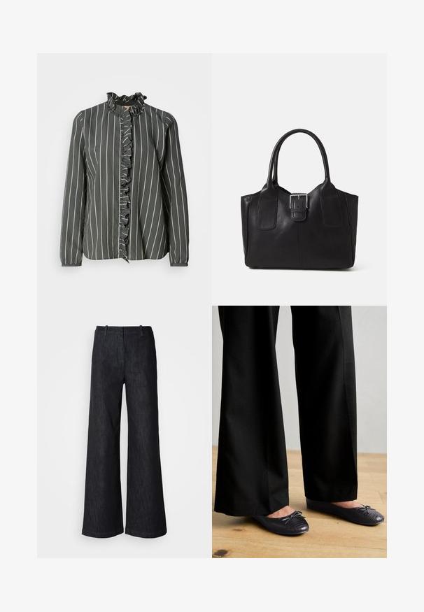 Mos Mosh STRIPE SHIRT - Skjortebluser - urban chic; Sorte viddebenede denimbukser med en tekstureret finish, udstyret med bæltestropper og en ren kant. Klassisk design, velegnet til forskellige lejligheder.; Sort bukser med bredde ben og en struktureret overflade, parret med flade sko med en sløjfe og et subtilt krokodillepræget design i sort.; Sort lædertaske med dobbelt håndtag og central sølvspænde, struktureret rektangulær form, glat tekstur, på neutral baggrund.