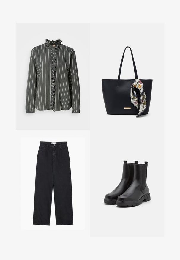 Mos Mosh STRIPE SHIRT - Skjortebluser - urban chic; Sorte højtaljede bredbenede denimjeans med frontknap og lynlås, bæltestropper og fem-lomme stil.; Sorte læder ankelstøvler med elastiske sidelapper, rund tå og en tyk gummisål. Har stropper for nem påklædning.; Sort læder tote taske med to skulderremme, prydet med et blomsterprint silkeslør bundet om håndtaget og en metallisk logo detalje på forsiden.
