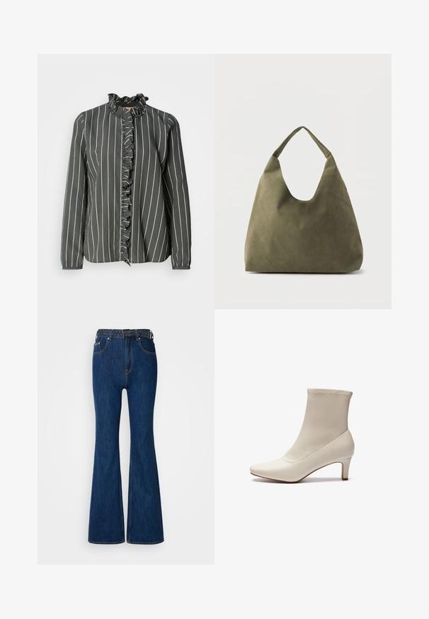 Mos Mosh STRIPE SHIRT - Skjortebluser - urban chic; Blå denim flared jeans med høj talje, kontraststing og et vævet bælte med flettet design. Glat tekstur og klassisk stil.; Hvide ankelstøvler lavet af glat læder med spids tå og en kort, tapered hæl. Har et minimalistisk design og en sømløs overdel.; Olivengrøn skuldertaske i blødt læder med en bred, enkelt strop og en afslappet, ustruktureret form på en lys baggrund.