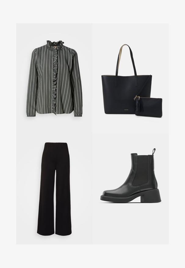 Mos Mosh STRIPE SHIRT - Skjortebluser - urban chic; Minimum TARANA - Bukser - black; Sorte læder ankelstøvler med elastiske sidepaneler, afrundet tå og en kraftig blokhæl. Glat tekstur med et minimalistisk design.; Sort tote taske med struktureret materiale, to lange håndtag og en aftagelig lynlåspose med en frynse-detalje. Guld mærkelogo synligt.