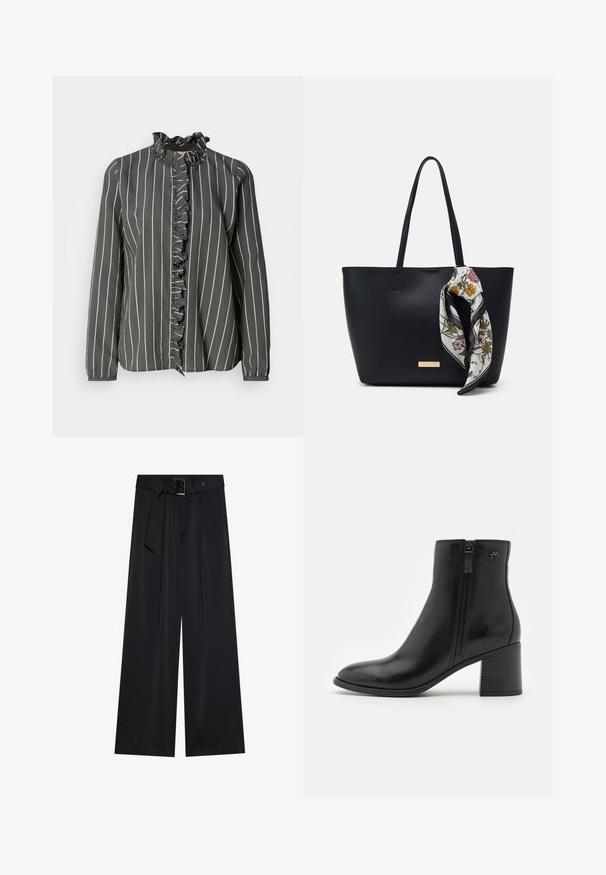 Mos Mosh STRIPE SHIRT - Skjortebluser - urban chic; Sorte breddebenede bukser lavet af glat stof, med en høj talje og detaljer med bælte og løkker samt markante plissee foran.; Sorte ankelstøvler lavet af glat læder med en lynlås på siden. De har en spids tå og en tekstureret blokhæl for stabilitet.; Sort læder tote taske med to skulderremme, prydet med et blomsterprint silkeslør bundet om håndtaget og en metallisk logo detalje på forsiden.