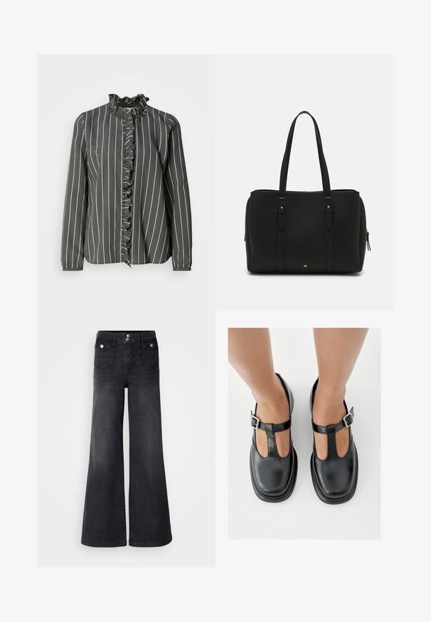 Mos Mosh STRIPE SHIRT - Blusa - urban chic; Pantalones vaqueros de mezclilla negra de pierna ancha con una cintura alta, botones en la parte frontal y dos bolsillos delanteros; textura suave con un ligero acabado desvanecido.; Zapatos de cuero negro con diseño de correa en T, punta cerrada y detalles de hebilla plateada. Textura lisa con punta redondeada y suela plana.; Bolsa tote negra hecha de cuero texturizado, con dos asas largas, un cierre de cremallera y sutiles acentos dorados en el herraje.
