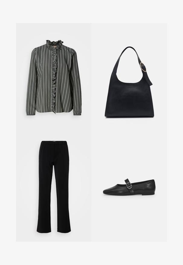 Mos Mosh STRIPE SHIRT - Blúzka so zapínaním na gombíky - urban chic; Čierne nohavice s rozšíreným strihom, vyrobené z hladkej tkaniny. Obsahujú elastický pás pre pohodlie a čistý, jednoduchý siluet.; Čierna kožená plochá obuv s okrúhlym nosom, jedným nastaviteľným pásikom so sponou a hladkým, lesklým povrchom. Minimalistický dizajn s nízkym podpätkom.; Čierna kožená taška cez rameno s hladkou textúrou, okrúhlym telom a jedným ramenným popruhom zdobeným okrúhlou zlatou kovovou dekoráciou.