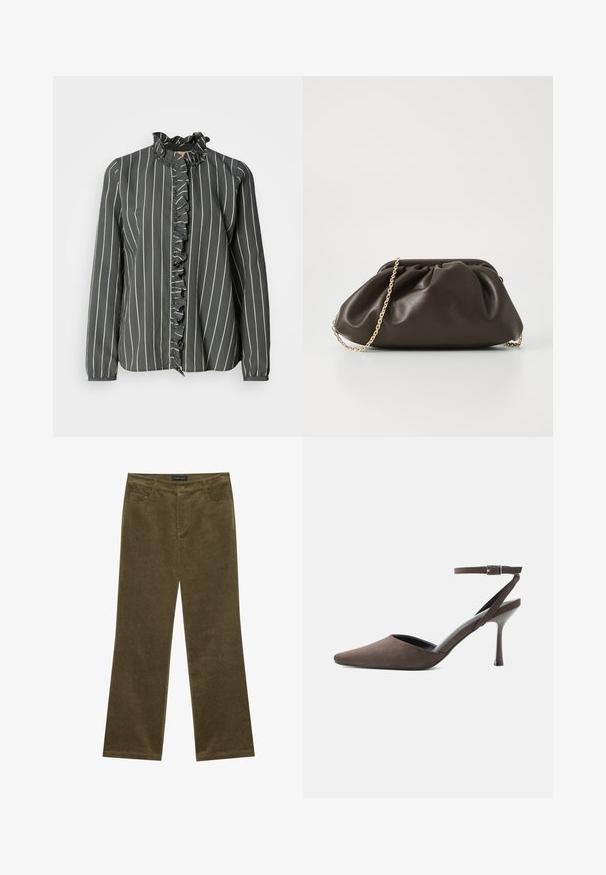 Mos Mosh STRIPE SHIRT - Skjortebluser - urban chic; Olivengrønne fløjl bukser med flared ben, fem lommer, synlig syning og knaplukning i taljen for en sikker pasform.; Brun ruskindspointetrukket højhælet sko med tynd ankelrem og sølvspænde på hvid baggrund.; Brun læderhandtaske med en sammensnøring, guld kædestrop og blød, struktureret overflade. Kompakt form velegnet til aftensbrug.