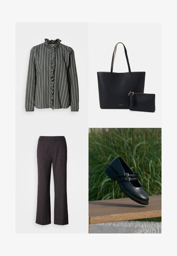 Mos Mosh STRIPE SHIRT - Nööpidega pluus - urban chic; Mos Mosh SVALA - Püksid - black; Mustast nahast Mary Jane stiilis kingad kahe pannalde ja brogue detailiga, hõljuvad puidust pingi kohal rohelise muru taustal.; Must musta kotikott tekstureeritud materjaliga, kahe pika käepideme ja eemaldatava lukkpöksiga, millel on tegemist pomponiga. Näha on kuldne kaubamärgi logo.