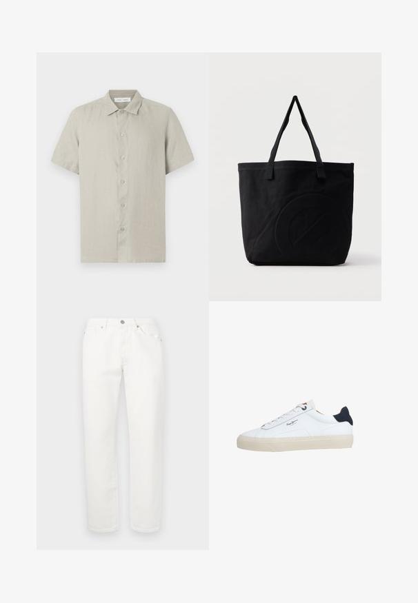 Chemise beige à manches courtes avec col, boutonnée sur le devant, en tissu léger, vue de face sur fond blanc.; Pantalon en denim blanc avec une coupe droite. Il comporte une disposition traditionnelle à cinq poches, une fermeture à bouton métallique et une légère texture.; Baskets basses blanches avec semelle beige, lacets blancs, languette de talon noire et logo "Pepe Jeans London" sur le côté.; Sac fourre-tout en toile noire avec deux bandoulières et un motif circulaire discret en relief sur le devant.